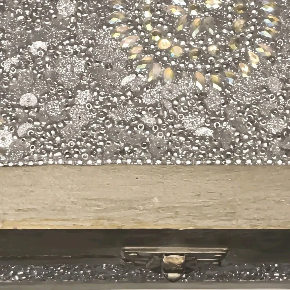 Sparkly Jewlery Box Silver With Sequins & Rhinestones Lightweight Wood 7 x 5 x 3
